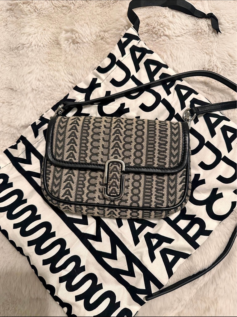 Marc Jacobs Black and Beige Logo Jacquard Crossbody Shoulder Bag